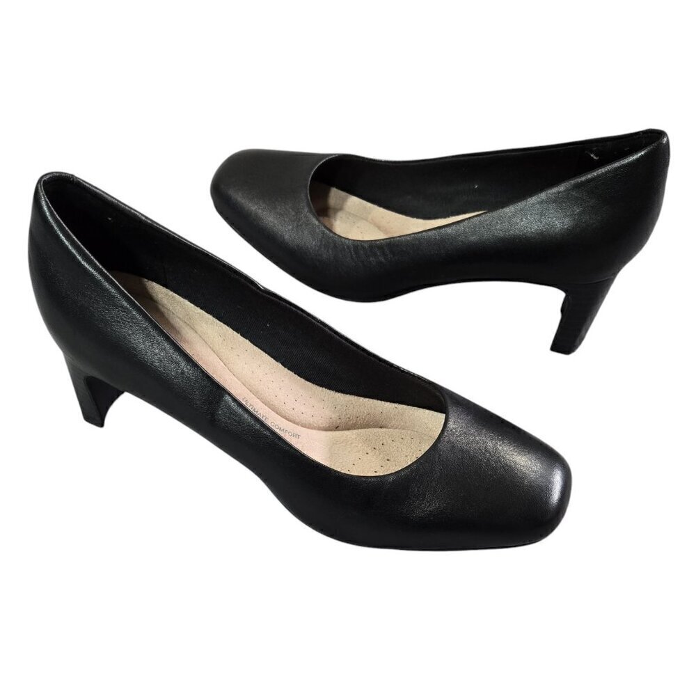 Clarks Kyndall Iris Black Mid Heel Comfort Pumps Classic Office Neutral Preppy